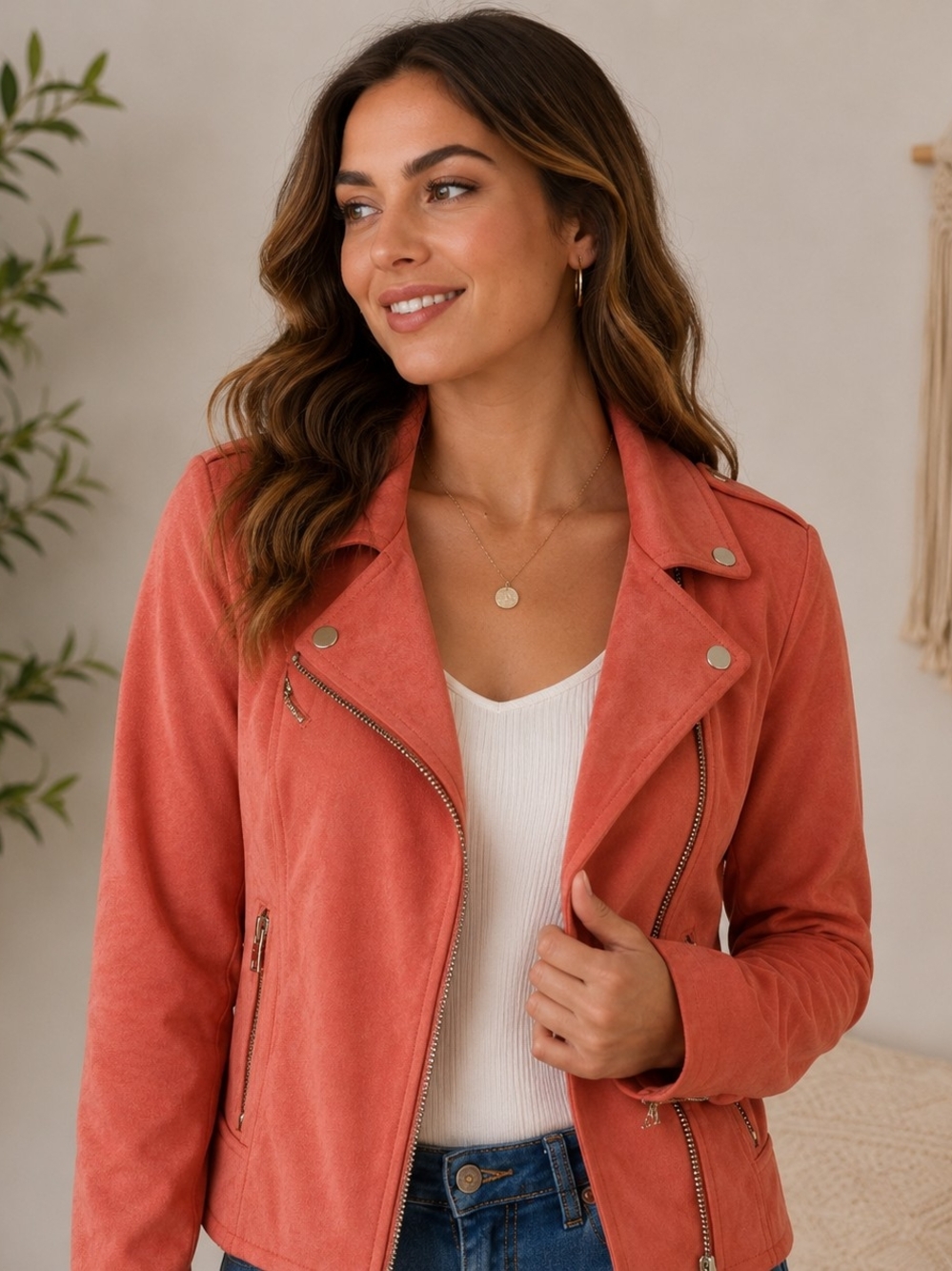Chelsea & Violet XS Faux Suede Moto Jacket Coral Zip Front Biker Jacket